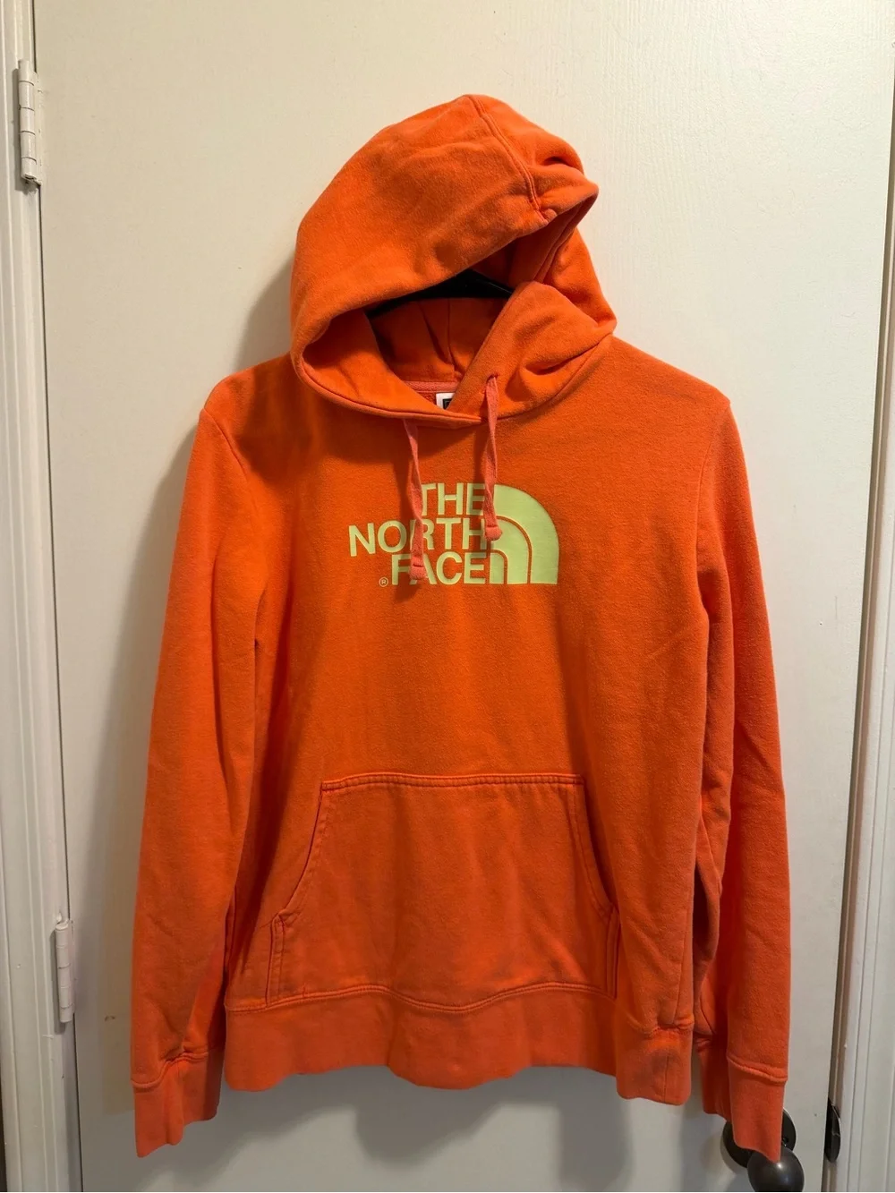 The North Face Men's Bright Orange Crewneck Hoodie with Yellow Logo